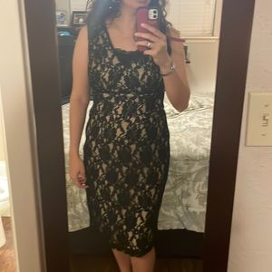 Newport News, Black lace midi dress with nude underlay, size 12